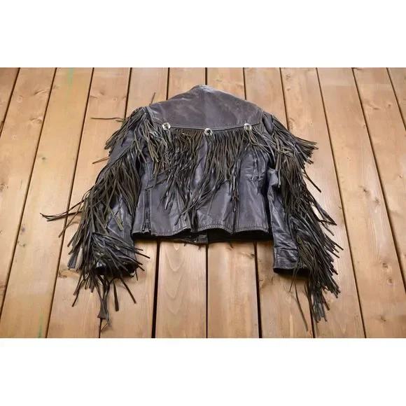 Vintage 1990s Woman's Leather Fringe Biker Jacket / Fall Outerwear / Leather Coa - Picture 2 of 5